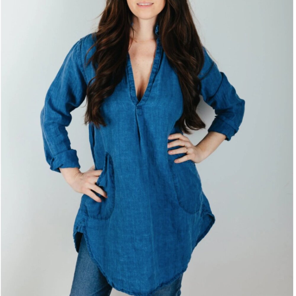 CP‎ Shades Indigo Cotton Twill Tunic Shirt Sz Medium - READ Pockets Lightweight